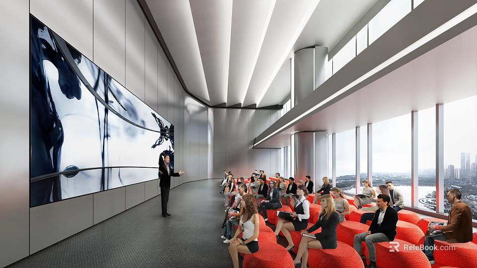Modern Conference Room With Presenter Audience Red Seating Large Screen And Windows 3d model 