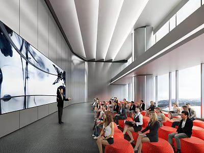 Modern Conference Room With Presenter Audience Red Seating Large Screen And Windows 3d model