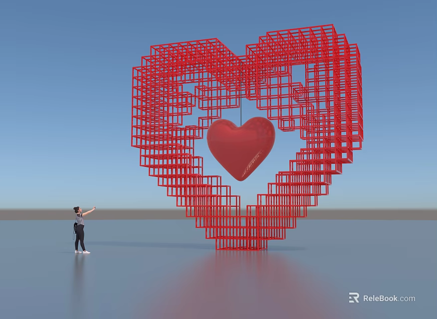 Red Heart Shaped Sculpture With Grid Structure And Central Small Heart As Person Looks Up 3d model 