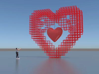 Red Heart Shaped Sculpture With Grid Structure And Central Small Heart As Person Looks Up 3d model