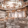 Elegant Ballroom Interior With Golden Chandeliers Wavy Walls Stage White Chairs And Floral Decor