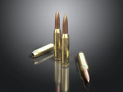 Brass Bullets Displayed On Black Reflective Surface In Standing And Lying Positions 3d model