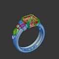 Gold ring adorned with square green gemstone and small white green surrounding decorative stones carved details