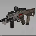 Modern Tactical Rifle Featuring Scope Mounted Accessories Brown Black Finish Ergonomic Grip Red Accents
