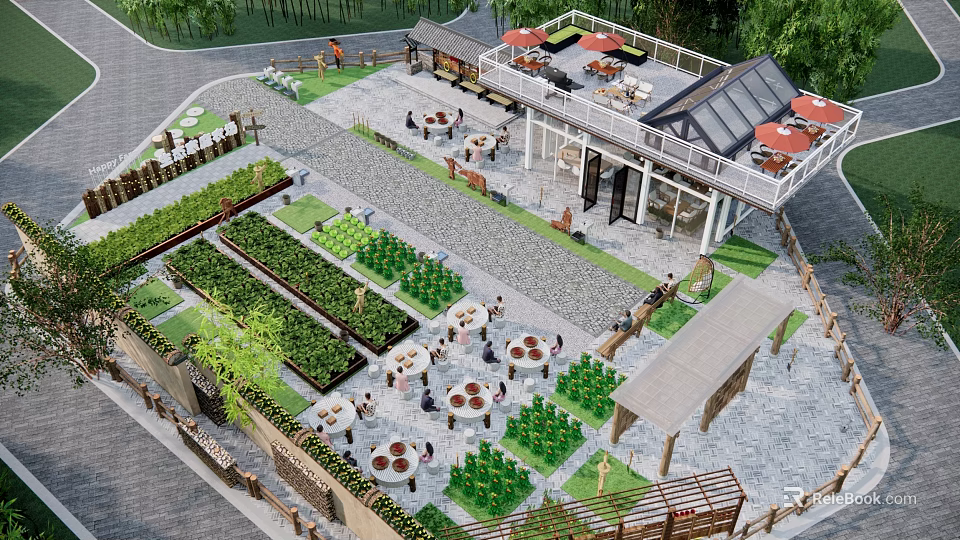 Idyllic Rural Landscape With Lush Vegetable Gardens Outdoor Dining Tables Red Umbrellas And People 3d model 