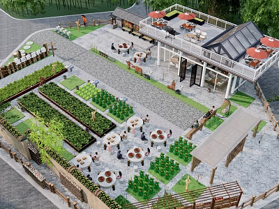 Idyllic Rural Landscape With Lush Vegetable Gardens Outdoor Dining Tables Red Umbrellas And People 3d model
