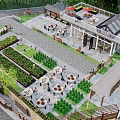 Idyllic Rural Landscape With Lush Vegetable Gardens Outdoor Dining Tables Red Umbrellas And People