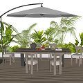 Outdoor Table With Curved Umbrella On Wooden Deck Surrounded By Plants And Chairs