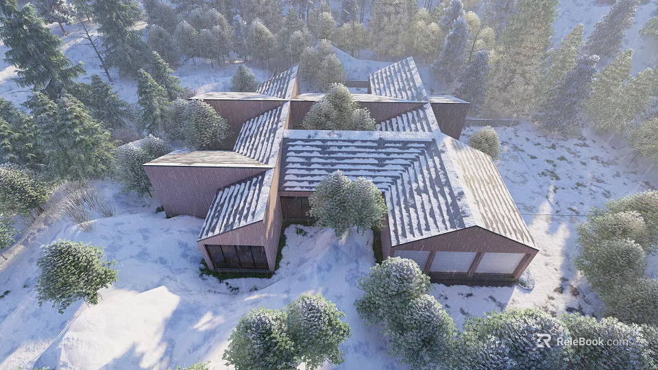 Modern Detached Villa In Snowy Forest Surroundings With Sloped Roof And Snow Covered Trees 3d model 