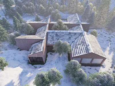 Modern Detached Villa In Snowy Forest Surroundings With Sloped Roof And Snow Covered Trees 3d model