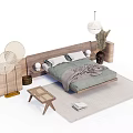 Modern Double Bed with Grey Bedding Wooden Frame Decorative Lamp Plant and Rug