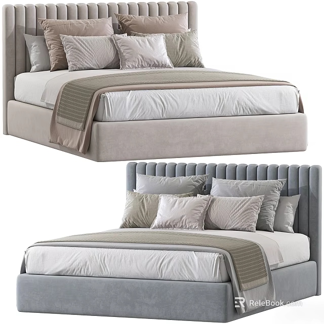 Modern Background Double Bed With Upholstered Headboard Light Gray Beige Pillows And Soft Blanket 3d model 