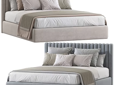 Modern Background Double Bed With Upholstered Headboard Light Gray Beige Pillows And Soft Blanket 3d model