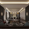 Luxurious Private Box Interior With Sofa Dining Table Chandelier And Large Windows 3d model