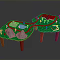 Children's Play Table With Green Surfaces Red Legs Train Track Hills Pool And Red Blocks