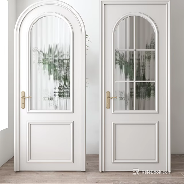 White Arched Hinged Doors With Glass Panels Golden Handles And Green Plants In Modern Interior 3d model 