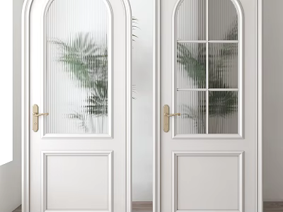 White Arched Hinged Doors With Glass Panels Golden Handles And Green Plants In Modern Interior 3d model