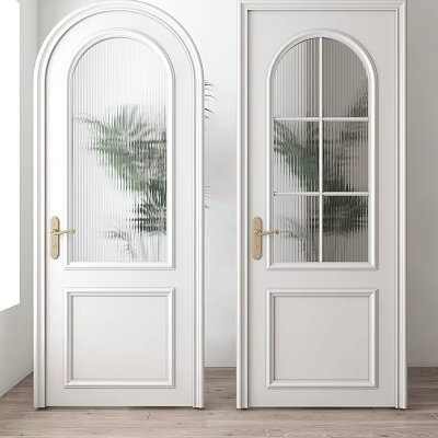 White Arched Hinged Doors With Glass Panels Golden Handles And Green Plants In Modern Interior 3d model