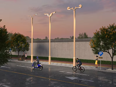 Tall Outdoor Street Lights Illuminating Sunset Road With Cyclists And Trees 3d model