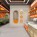 Vibrant Orange Restaurant Interior With Green Booths Dining Tables And Plant Decorations