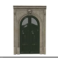 Green Double Doors With Decorative Carvings Stone Frame And Arched Top 3d model