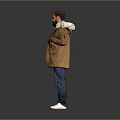 A Man Wearing Brown Hooded Coat White Shirt Blue Jeans White Shoes On Gray Background