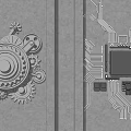 Industrial Mechanical Wall Decor with Gears and Circuit Board Patterns on Gray Wall