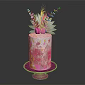 Pink Cake With Pink And Yellow Patterns And Decorations On Pink Stand