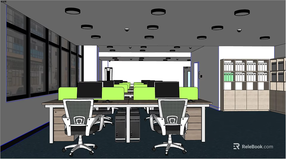 Open Public Office Area With Workstations Ergonomic Chairs Computer Monitors And Ceiling Lights 3d model