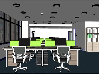 Open Public Office Area With Workstations Ergonomic Chairs Computer Monitors And Ceiling Lights 3d model
