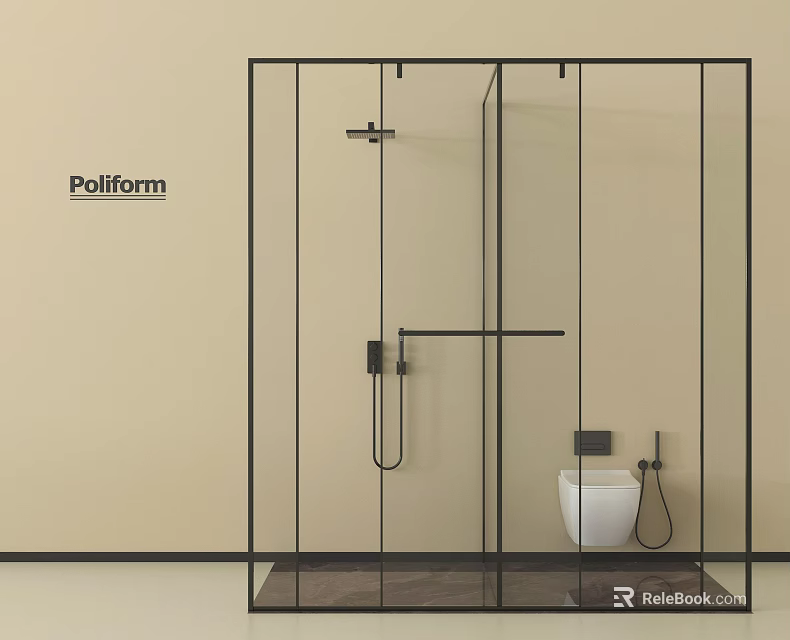 Modern Shower Head in Black Frame Glass Shower Enclosure with Light Colored Wall 3d model 