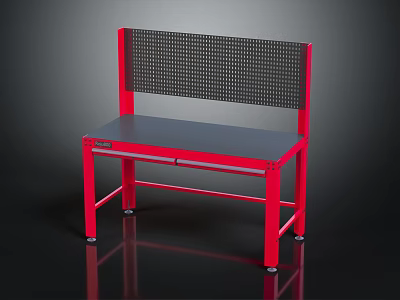 Red Metal Workbench With Black Top And Mesh Back Panel For Workshop 3d model