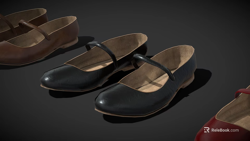 Classic Leather Mary Jane Shoes in Black Brown and Red 3d model 
