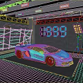 Parking Lot With Blue Sports Car Yellow Lines Scaffolding Digital Screen And Lighting Equipment