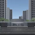 Modern Entrance Gate Design With High Rise Buildings Surrounding Trees And Lighting