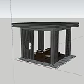 Modern Garden Pavilion With Black Metal Frame Carved Screen And Stone Platform On Green Grassland