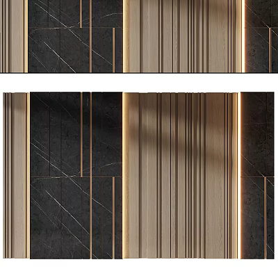 Modern Sofa Background Wall Interior Design With Marble Wooden Panels Gold Lines And Recessed Lighting 3d model