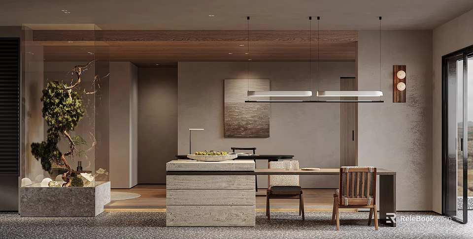 Minimalist Restaurant Interior With Wooden Ceiling Pendant Lights Dining Table And Natural Decor Elements 3d model 