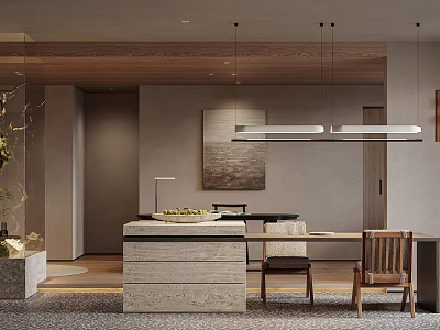 Minimalist Restaurant Interior With Wooden Ceiling Pendant Lights Dining Table And Natural Decor Elements 3d model