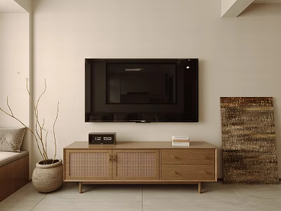 Wooden TV Stand With Wall Mounted TV And Decorative Potted Plant 3d model