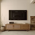 Wooden TV Stand With Wall Mounted TV And Decorative Potted Plant