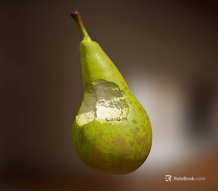 Fresh Green Pear With Bite Mark And Exposed Juicy Flesh On Blurred Background 3d model 
