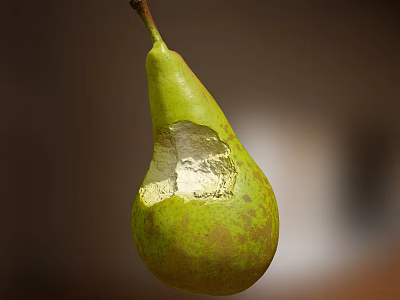 Fresh Green Pear With Bite Mark And Exposed Juicy Flesh On Blurred Background 3d model