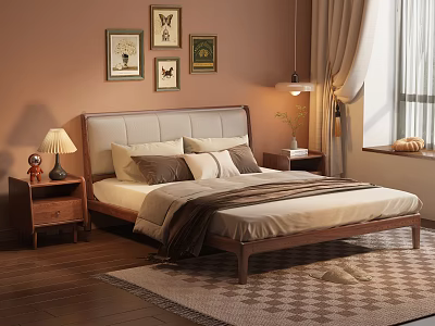 Modern Wooden Double Bed With Upholstered Headboard Side Tables Lamps Decorative Paintings And Rug 3d model