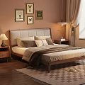 Modern Wooden Double Bed With Upholstered Headboard Side Tables Lamps Decorative Paintings And Rug