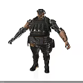 Muscular Tactical Character With Mechanical Arm Helmet Armor And Black Boots