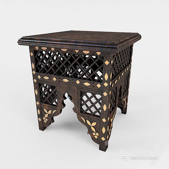 Dark Brown Wooden Stool With Carved Lattice Design And Inlaid Leaf Patterns 3d model 
