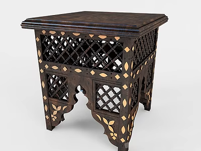 Dark Brown Wooden Stool With Carved Lattice Design And Inlaid Leaf Patterns 3d model