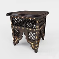 Dark Brown Wooden Stool With Carved Lattice Design And Inlaid Leaf Patterns