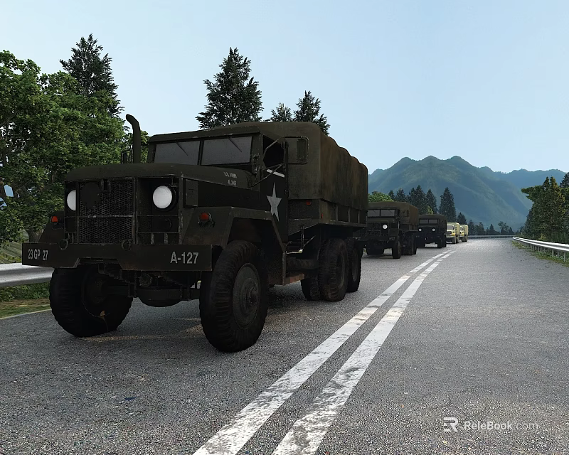 Military Trucks In A Convoy Driving On The Highway With Mountains And Trees 3d model 